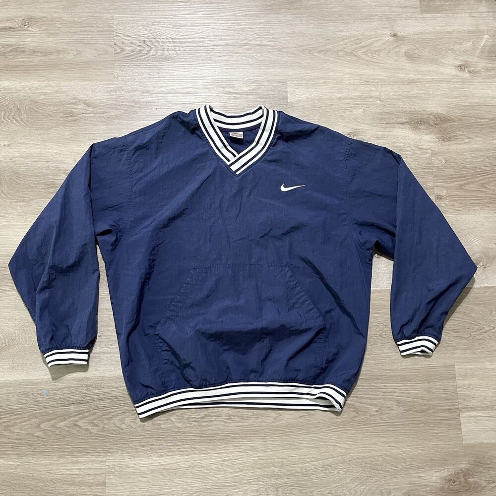 Vintage Nike Pullover Jacket Mens Large Navy Blue V-Neck Windbreaker Swoosh 90s
